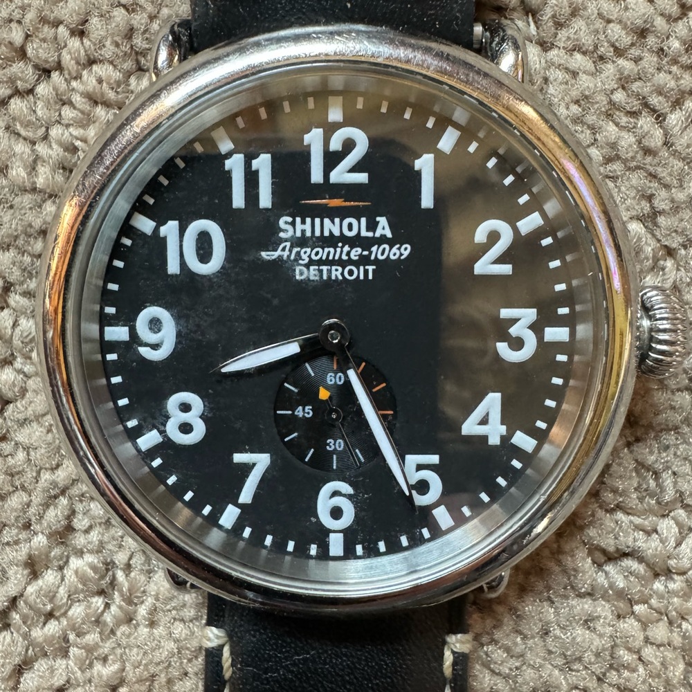 Men’s Black Leather White Stitch Black Face Watch. With leather case.